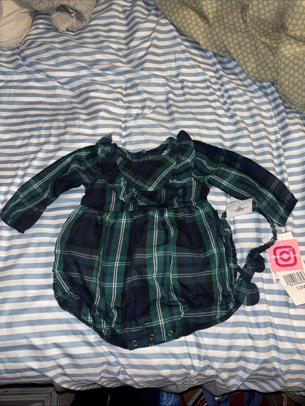 Rare Editions Green & Navy Plaid Ruffle Bubble Romper with Headband 12 months